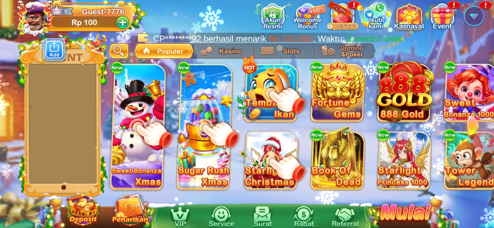 Pilihan permainan slot populer di PC777, termasuk Sweet Bonanza Xmas dan Fortune Gems.